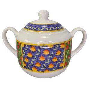 Vista Alegre Horta Sugar Bowl Trinket With‎ Lid Floral Blue Yellow Band Portugal